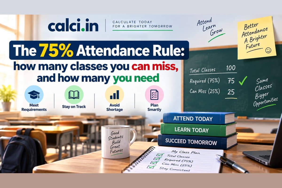 A calci.in infographic on the 75% attendance rule, showing how many classes can be missed and how many are needed to recover.