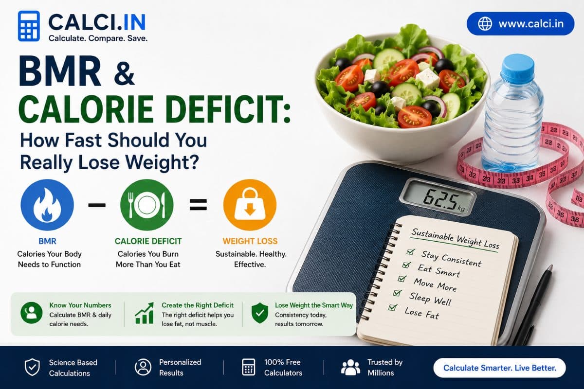 A calci.in infographic showing BMR minus a calorie deficit equalling weight loss, beside a bowl of salad, a water bottle, a bathroom scale reading 62.5 kg and a sustainable weight loss checklist.