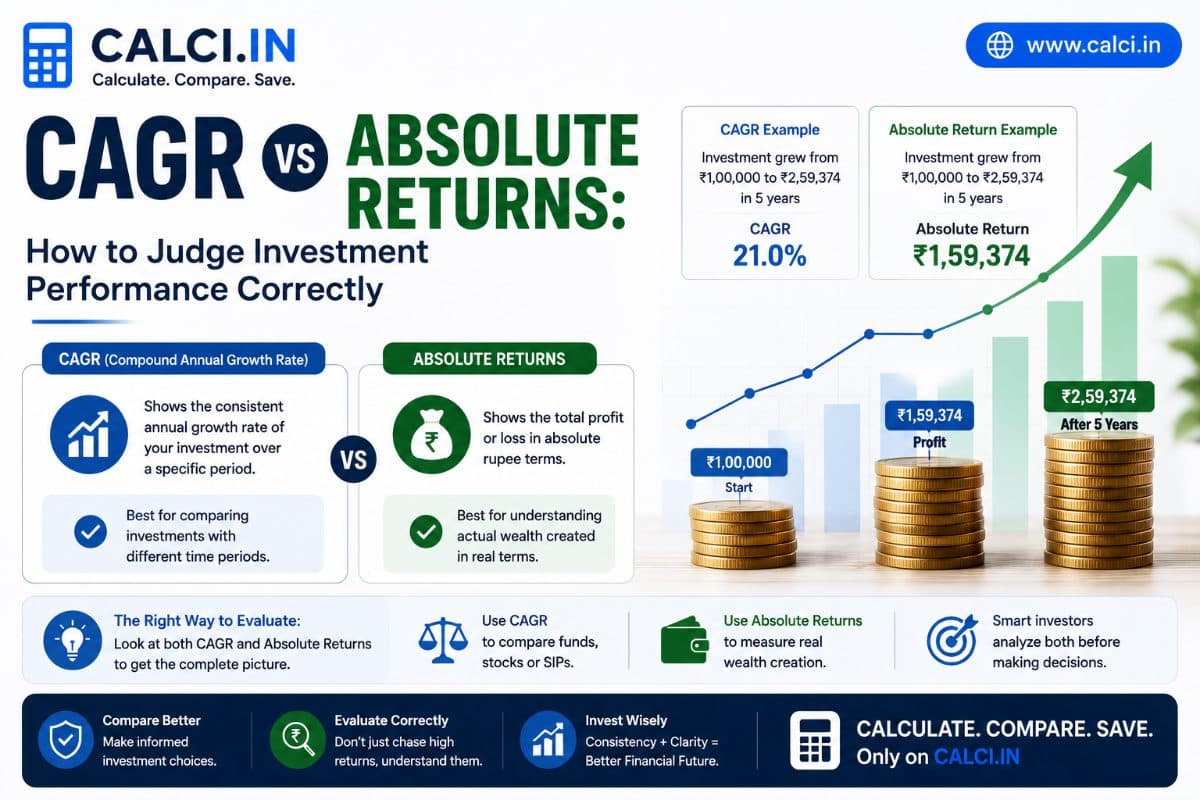 A calci.in infographic comparing CAGR with absolute returns on the same investment: Rs 1,00,000 growing to Rs 2,59,374 over five years, shown as a 21.0% CAGR and as a Rs 1,59,374 absolute gain.