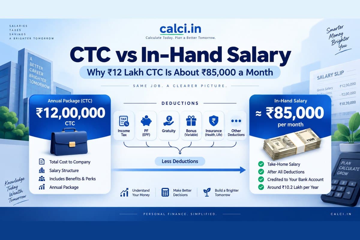 A calci.in infographic comparing a Rs 12,00,000 CTC with about Rs 85,000 in-hand a month, showing income tax, PF, gratuity, bonus and insurance as the deductions in between.