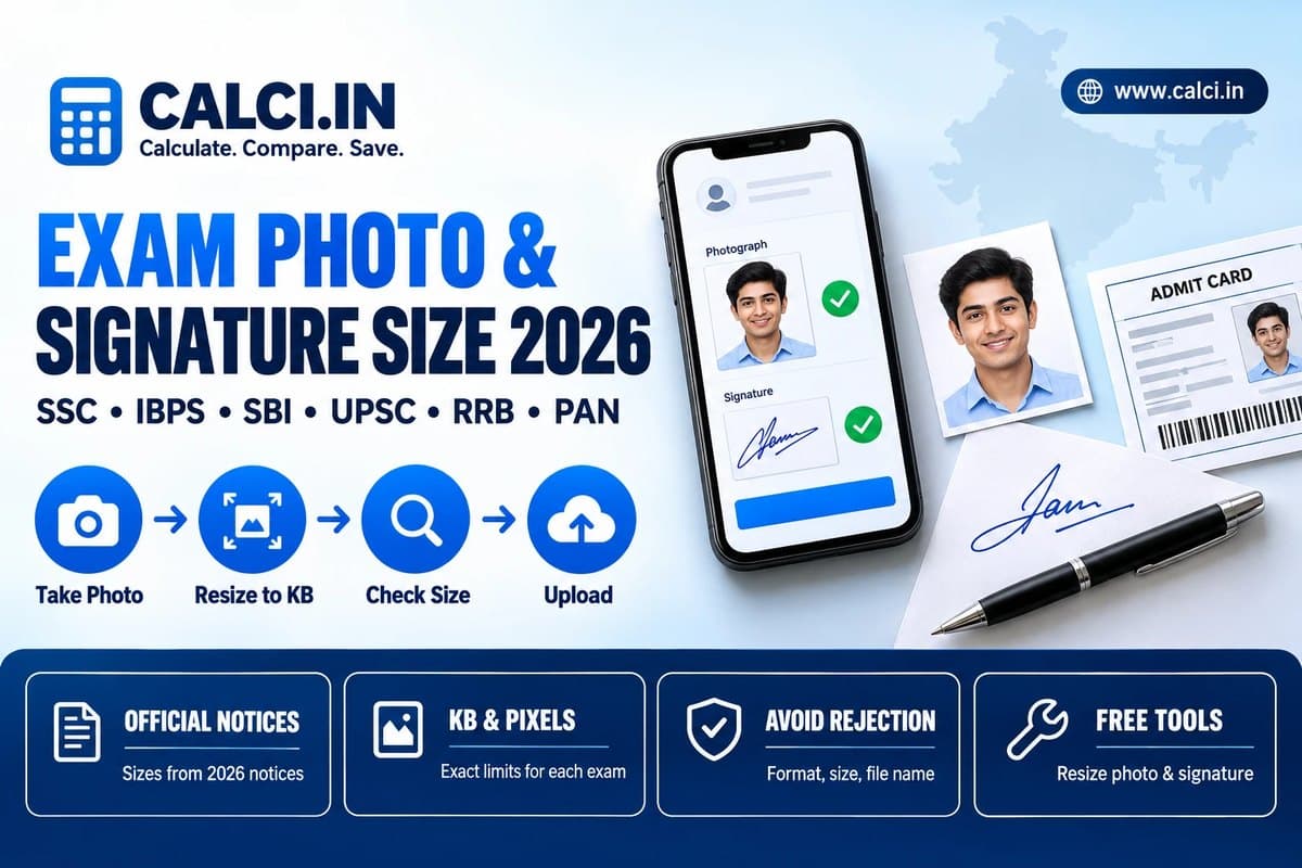 A calci.in infographic titled Exam Photo and Signature Size 2026 for SSC, IBPS, SBI, UPSC, RRB and PAN, showing the steps take photo, resize to KB, check size and upload, beside a phone with an accepted photo and signature, a passport photo, a signed sheet with a pen and an admit card.