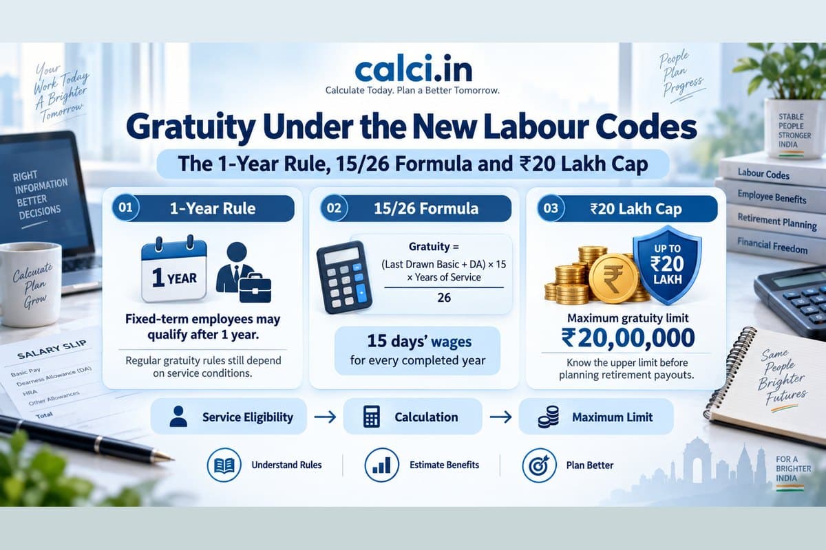 A calci.in infographic on gratuity under the new labour codes, showing the one-year rule for fixed-term staff, the 15/26 formula and the Rs 20 lakh cap.
