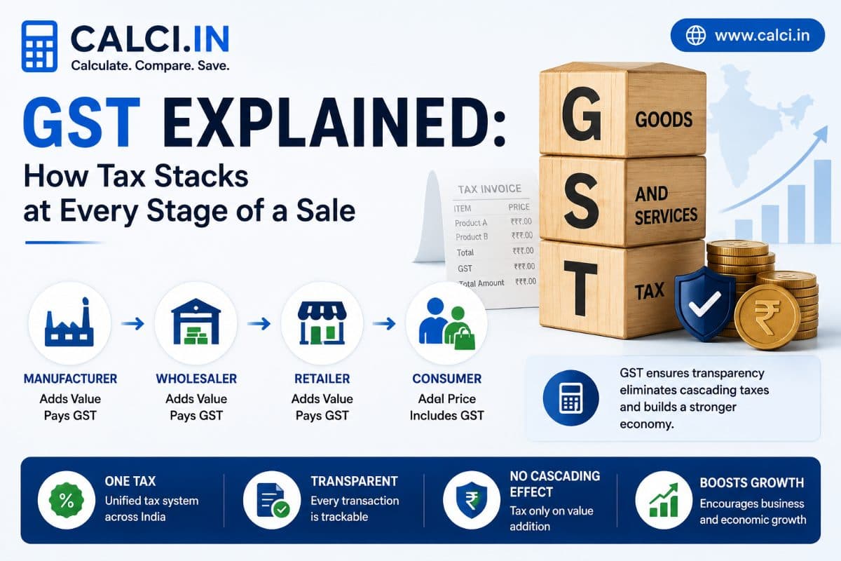 A calci.in infographic showing GST collected at each stage of a sale, from manufacturer to wholesaler to retailer to consumer, with each stage adding value and paying tax, beside a tax invoice and wooden blocks spelling GST.