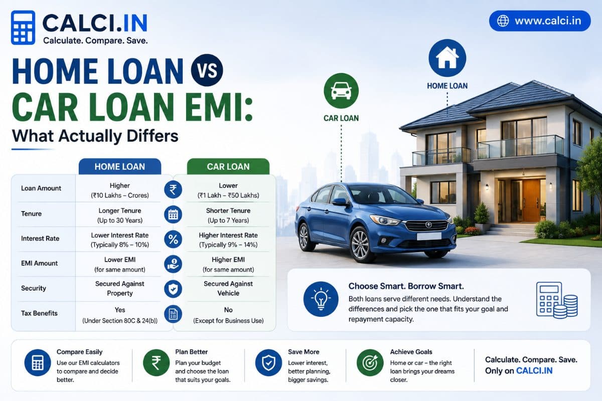 A calci.in infographic comparing a home loan and a car loan row by row: loan amount, tenure up to 30 years against 7, interest rate, EMI, the security each is taken against, and the tax benefits only the home loan carries.
