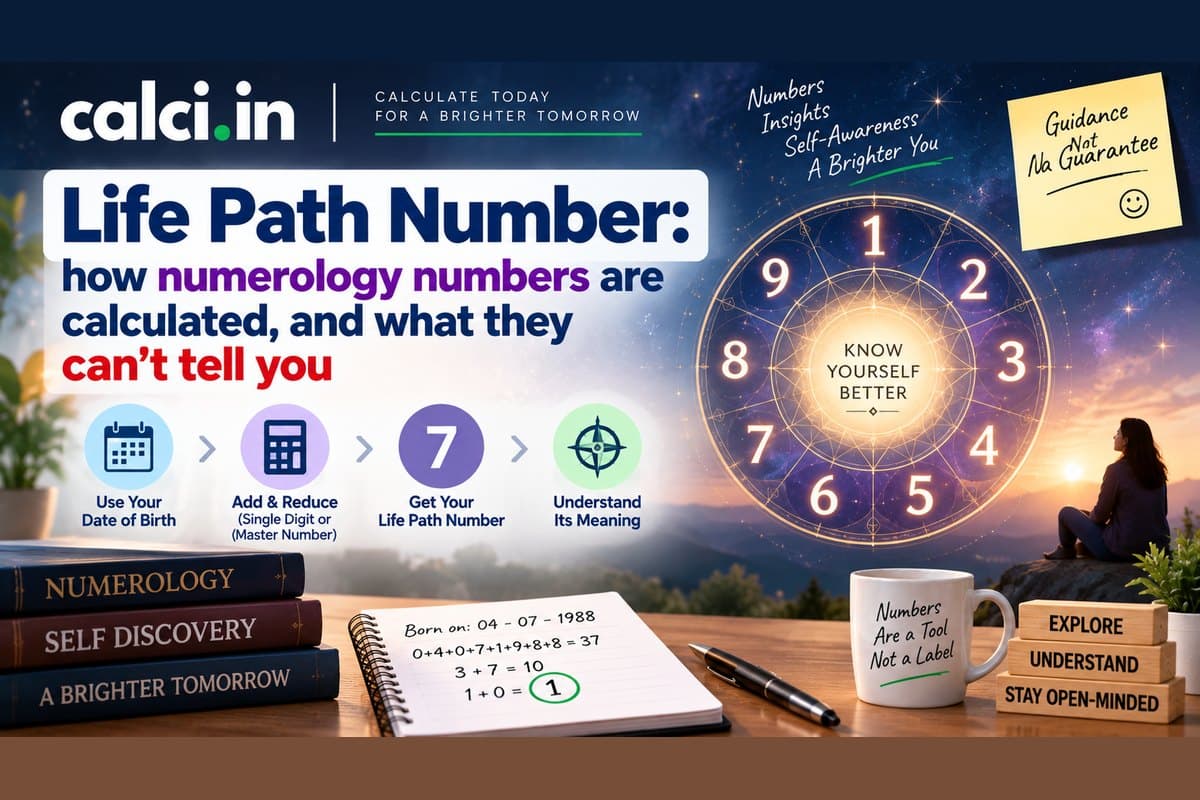 A calci.in infographic on life path numbers, showing how a birth date is reduced to a single digit and what the result can and cannot say.