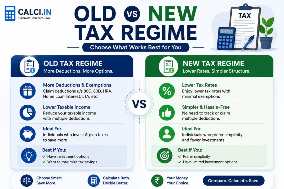 A calci.in infographic comparing the old and new income tax regimes side by side: more deductions under 80C, 80D, HRA and home loan interest on one side, lower rates and a simpler structure on the other.