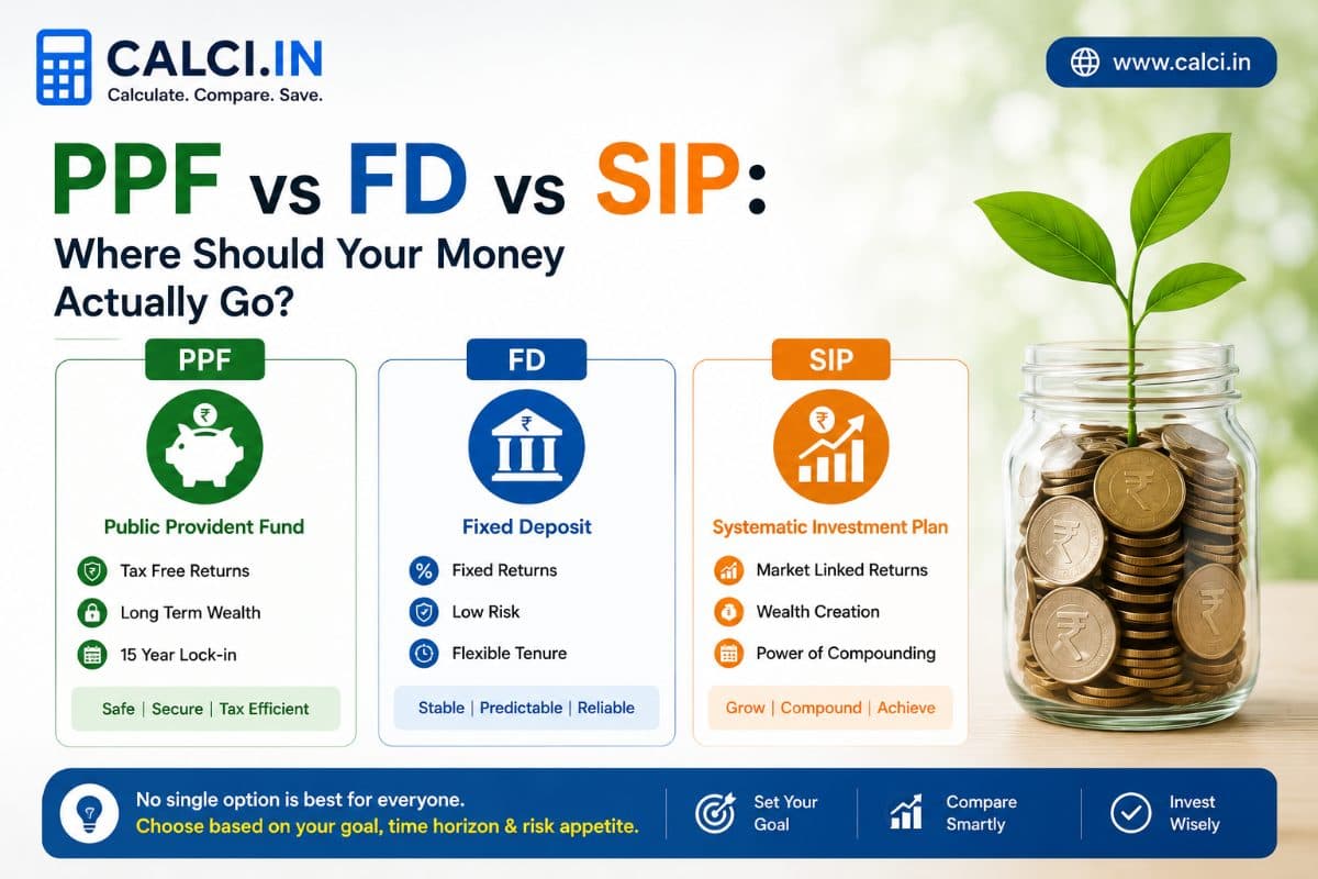 A calci.in infographic comparing PPF, fixed deposits and SIPs in three cards: tax-free returns and a 15-year lock-in, fixed low-risk returns with a flexible tenure, and market-linked returns that compound.