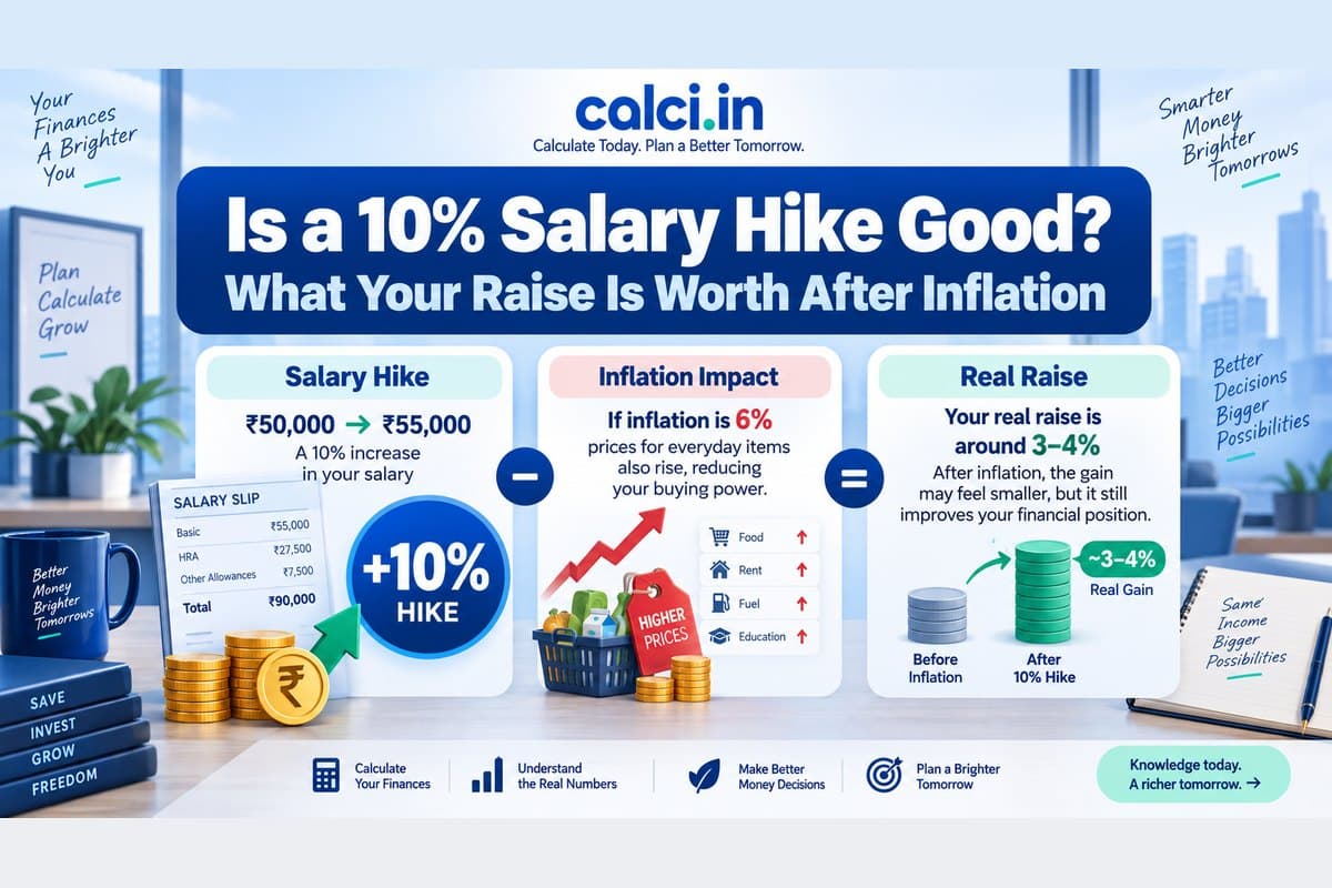 A calci.in infographic on judging a salary raise, showing a 10% hike against inflation and the smaller real increase that is left.