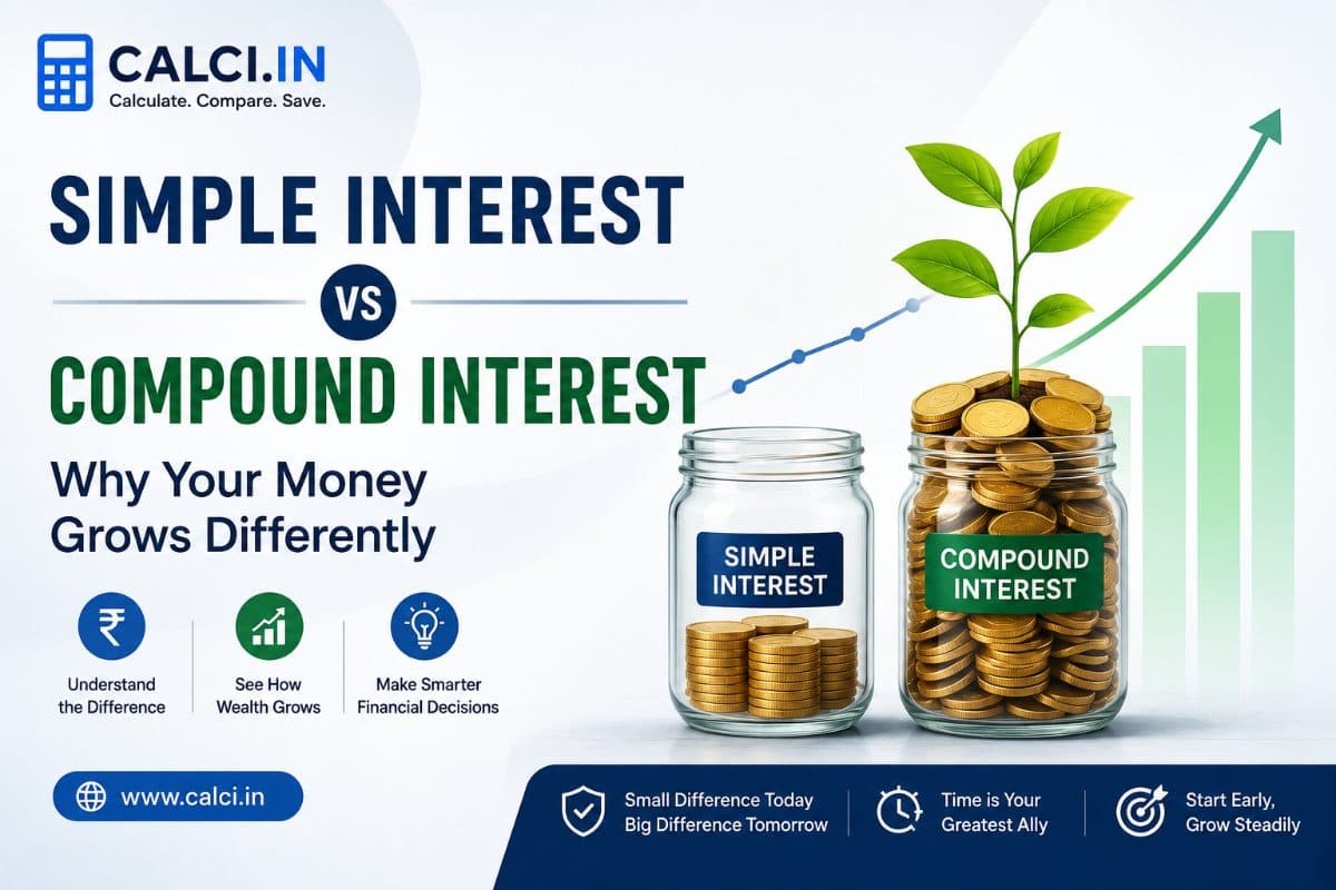 A calci.in infographic contrasting simple and compound interest as two jars of coins, the compound jar far fuller with a plant growing from it and a rising chart behind.