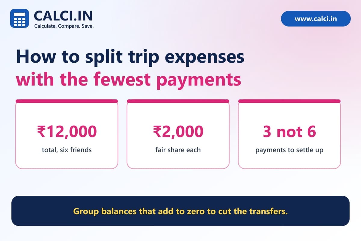 A calci.in graphic of six friends on a trip who paid unequal amounts of a 12,000 rupee total, with arrows showing three payments that settle everyone instead of six.