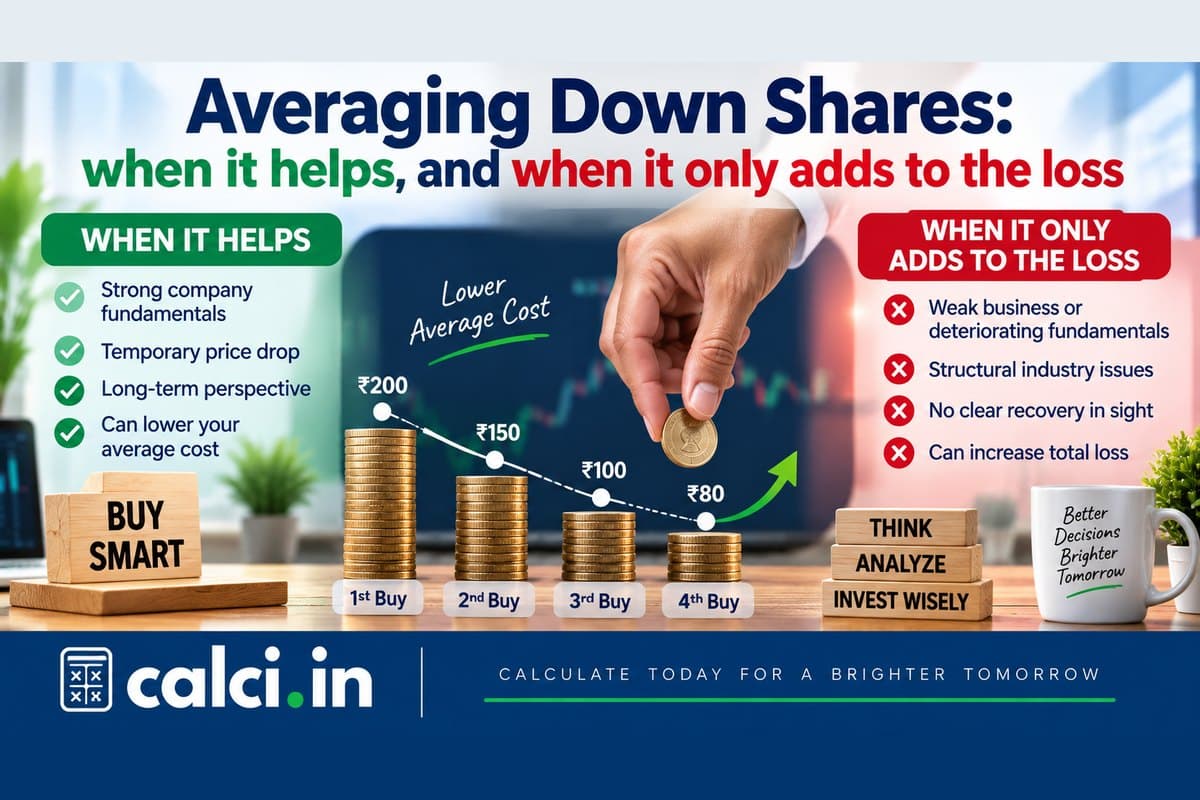 A calci.in infographic on averaging down shares, showing how buying more lowers the average price and when it only increases the loss.