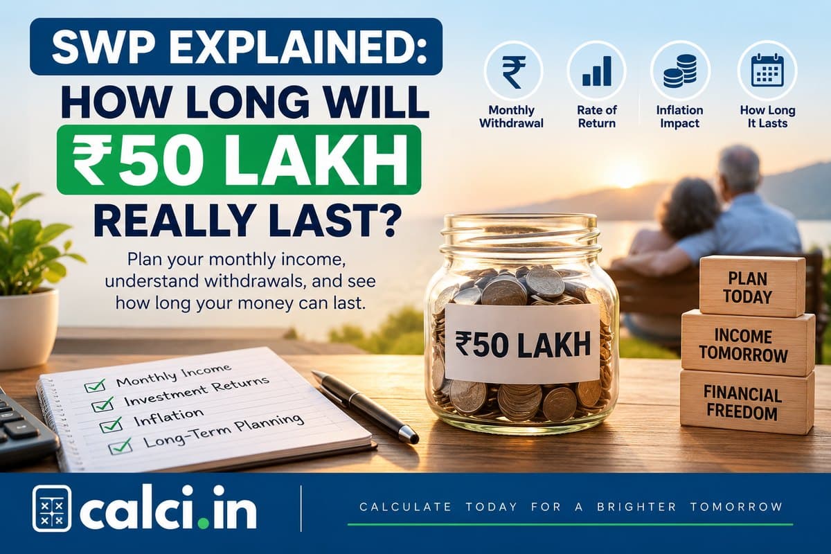 A calci.in infographic on systematic withdrawal plans, showing how long Rs 50 lakh lasts at different monthly withdrawal amounts.