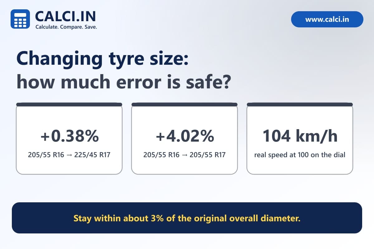 A calci.in graphic comparing tyre sizes 205/55 R16 and 225/45 R17, with overall diameters of 631.9 and 634.3 millimetres, and a table of speedometer error for four other size changes.