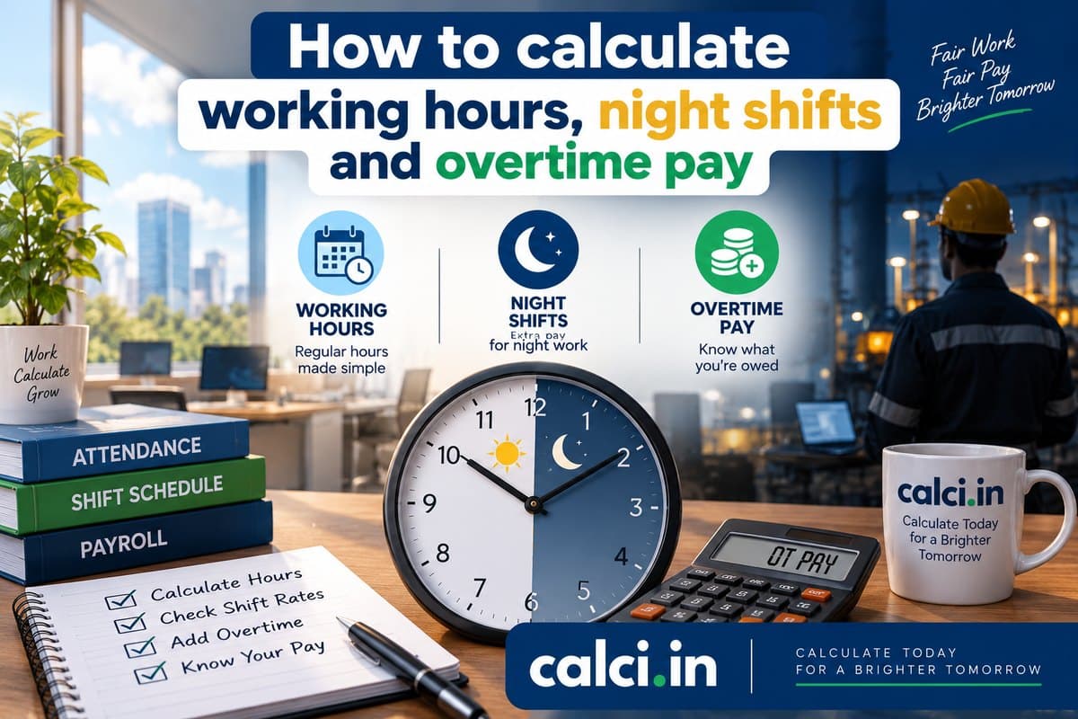 A calci.in infographic on calculating working hours, showing how breaks, night shifts and overtime change the total paid.